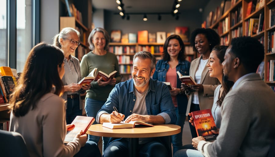 Author connecting with readers at intimate bookstore gathering