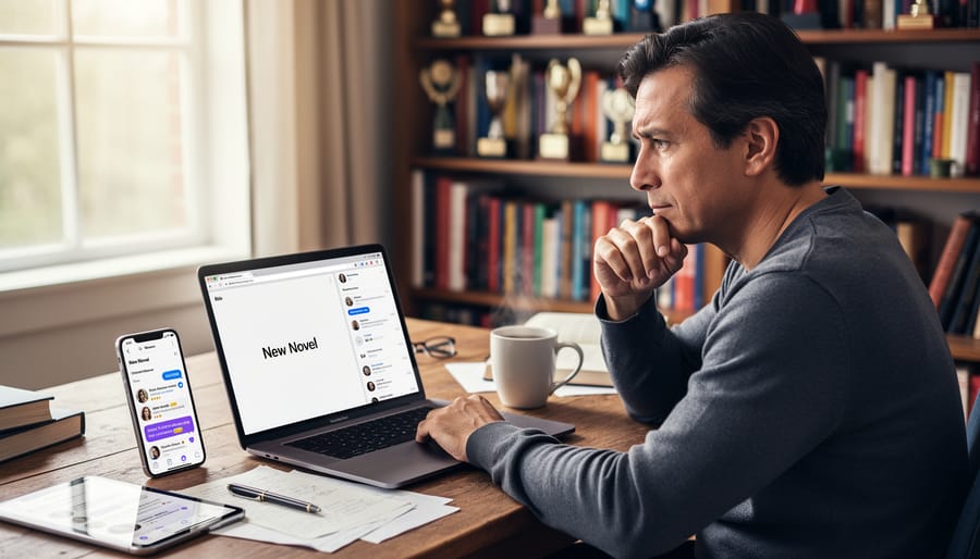 Author working on laptop with manuscript pages on desk