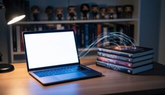 Night desk with an open laptop and stack of sci-fi and fantasy books linked by glowing light trails, cool blue and warm amber lighting, with a bookshelf and small figurines softly out of focus in the background.