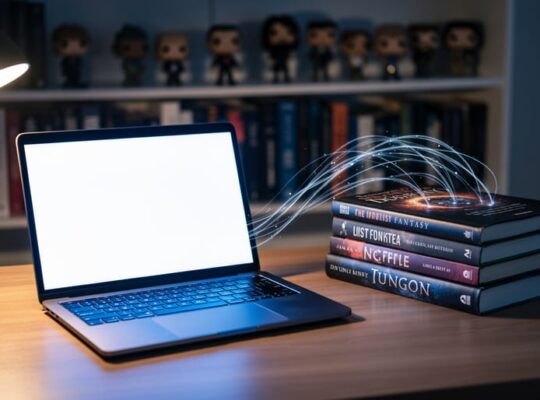 Night desk with an open laptop and stack of sci-fi and fantasy books linked by glowing light trails, cool blue and warm amber lighting, with a bookshelf and small figurines softly out of focus in the background.