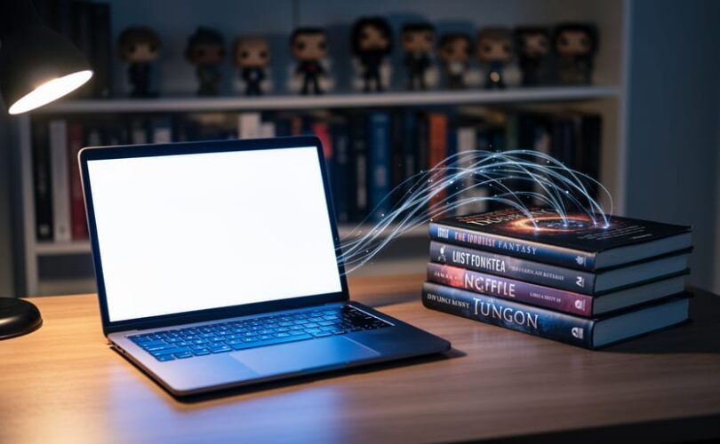 Night desk with an open laptop and stack of sci-fi and fantasy books linked by glowing light trails, cool blue and warm amber lighting, with a bookshelf and small figurines softly out of focus in the background.