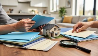 Homeowner’s hands sorting color-coded folders and sealed envelopes around a small model house and magnifying glass on a wooden table, with a softly lit home interior blurred in the background.
