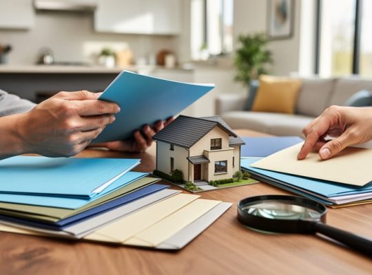 Homeowner’s hands sorting color-coded folders and sealed envelopes around a small model house and magnifying glass on a wooden table, with a softly lit home interior blurred in the background.