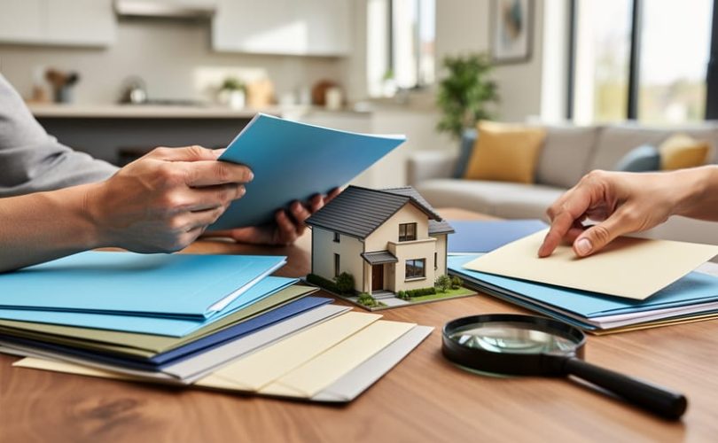 Homeowner’s hands sorting color-coded folders and sealed envelopes around a small model house and magnifying glass on a wooden table, with a softly lit home interior blurred in the background.