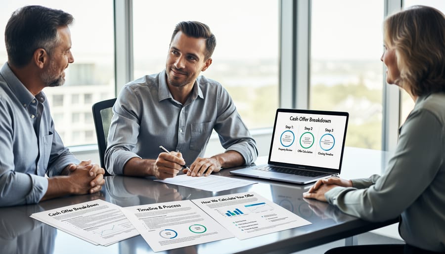 Transparent business meeting between homeowner and cash buyer representative